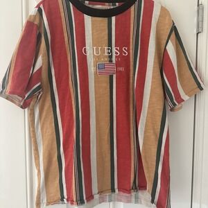Guess David Sayer Y2K L VTG Cotton Shirt Red Gold Striped 90s 80s Flag Logo